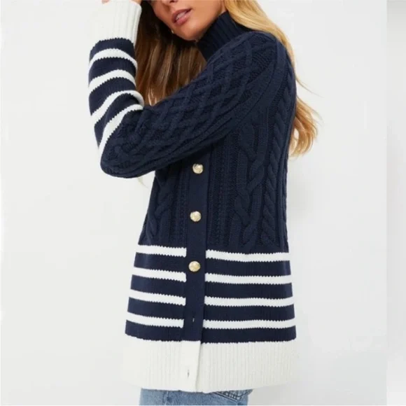 Tuckernuck Navy Striped Sankaty Cable Knit Chunky Nautical Sweater Size Large - Picture 4 of 13